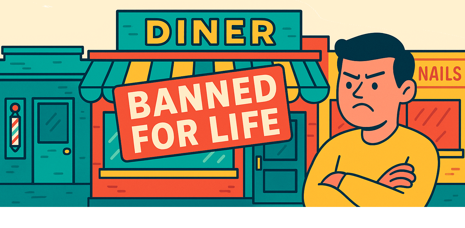Illustration of an angry customer in front of a banned business